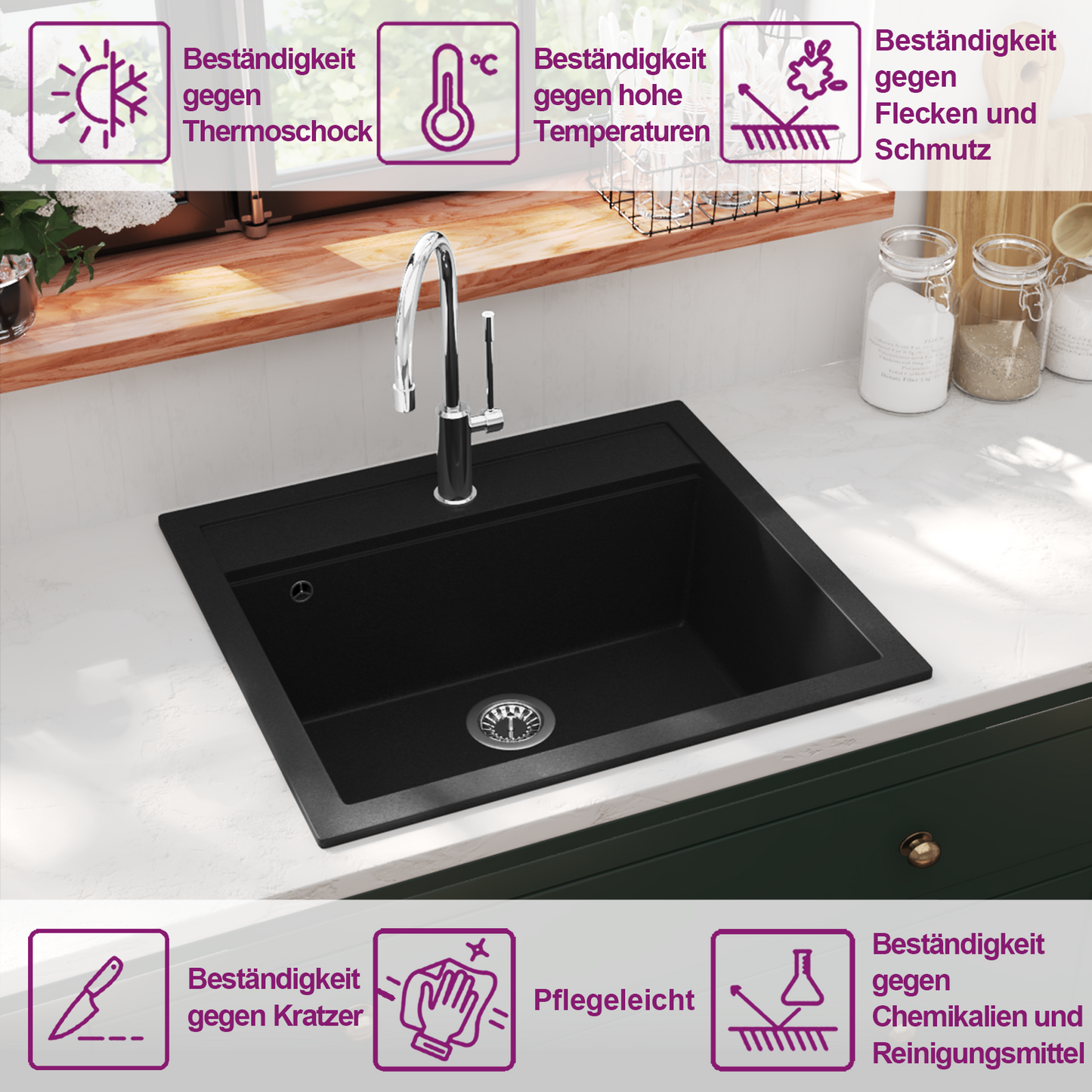Granite Kitchen Sink Single Basin Black