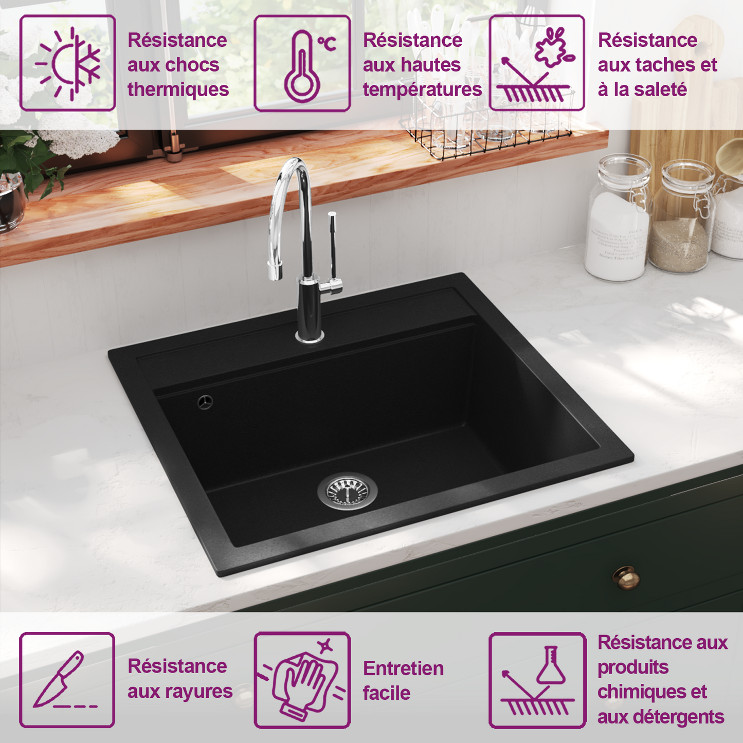 Granite Kitchen Sink Single Basin Black