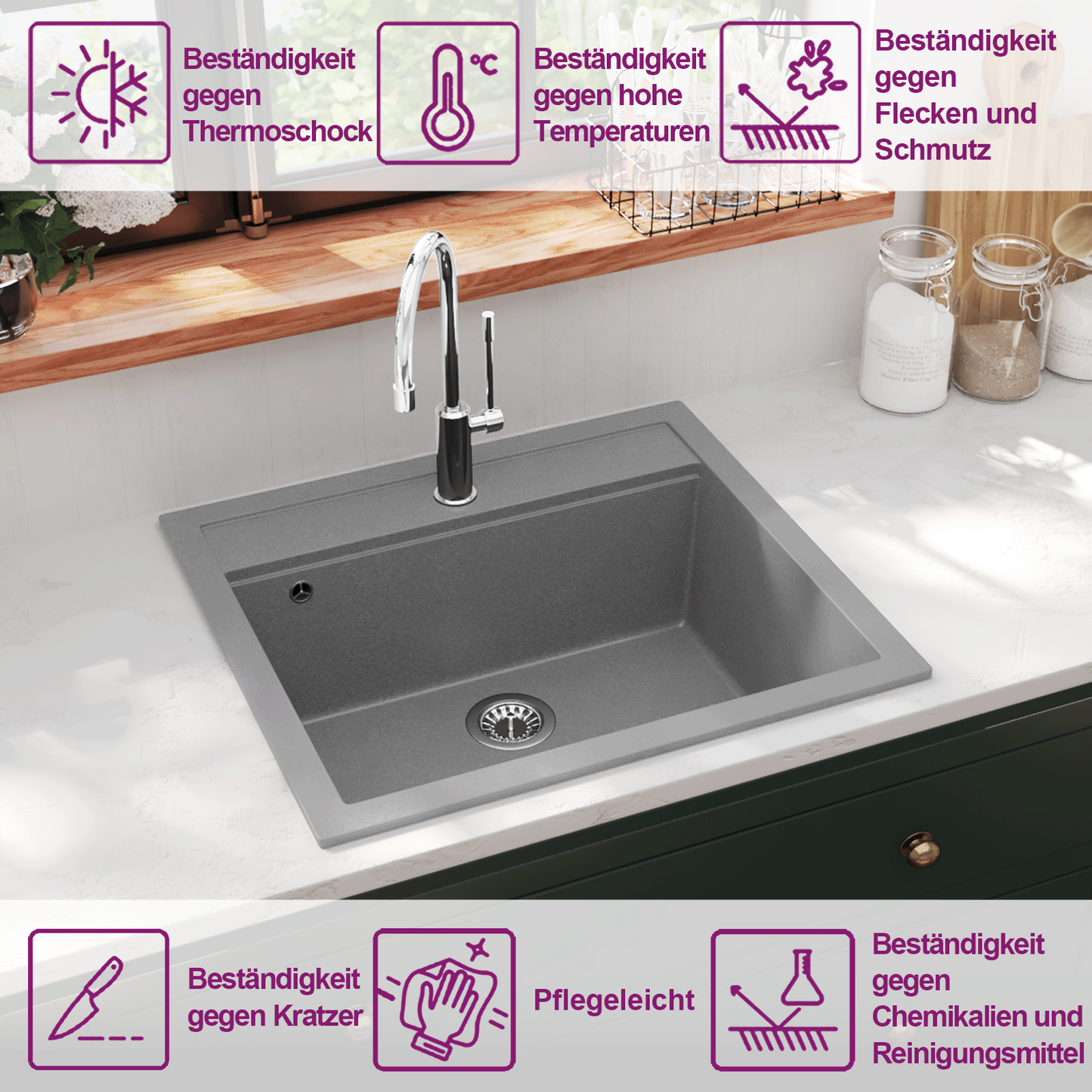 Granite Kitchen Sink Single Basin Grey