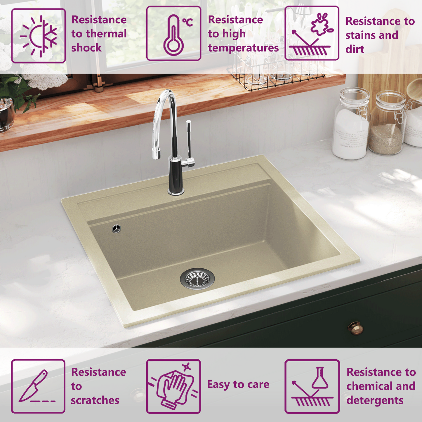 144862 vidaXL Granite Kitchen Sink Single Basin Beige