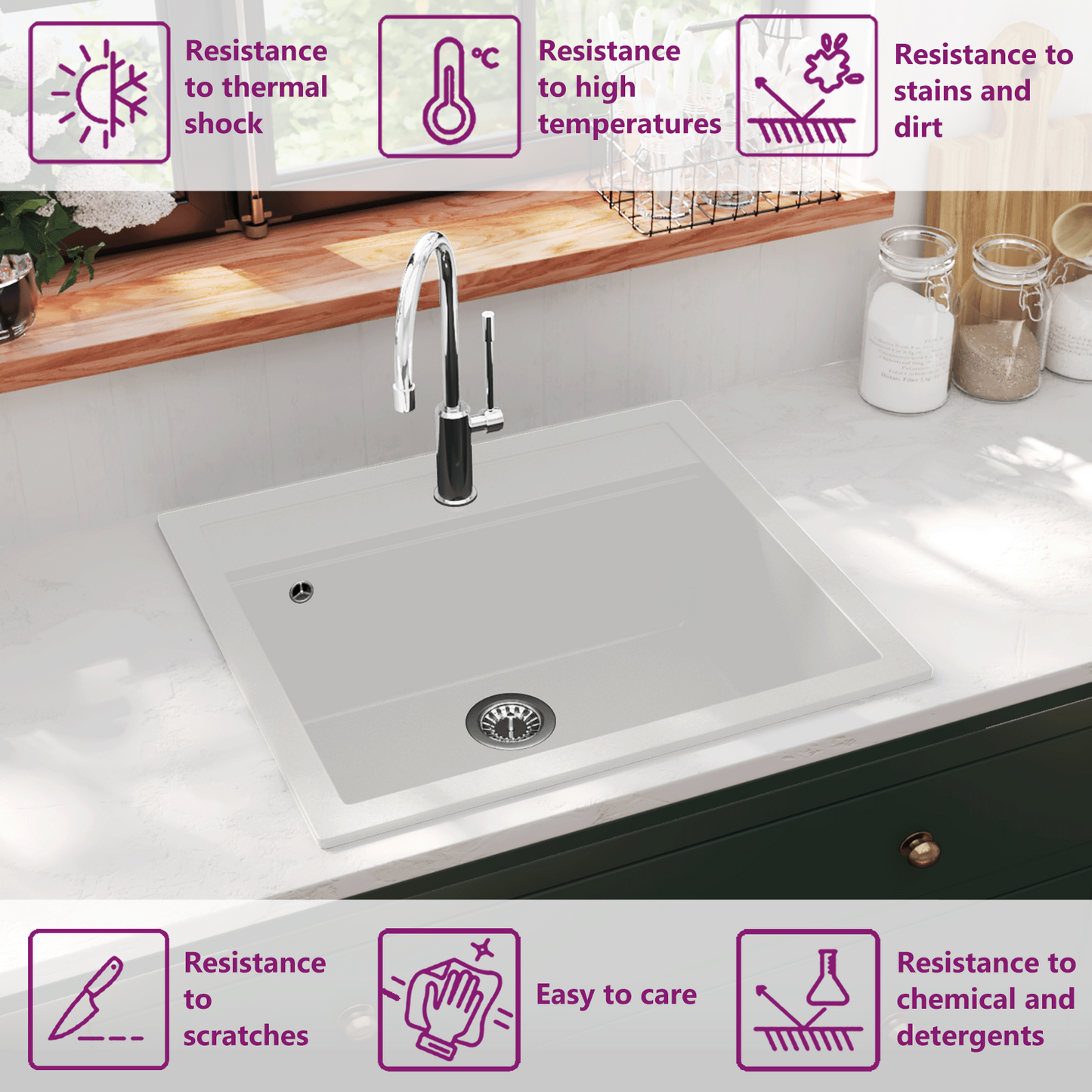 Granite Kitchen Sink Single Basin White