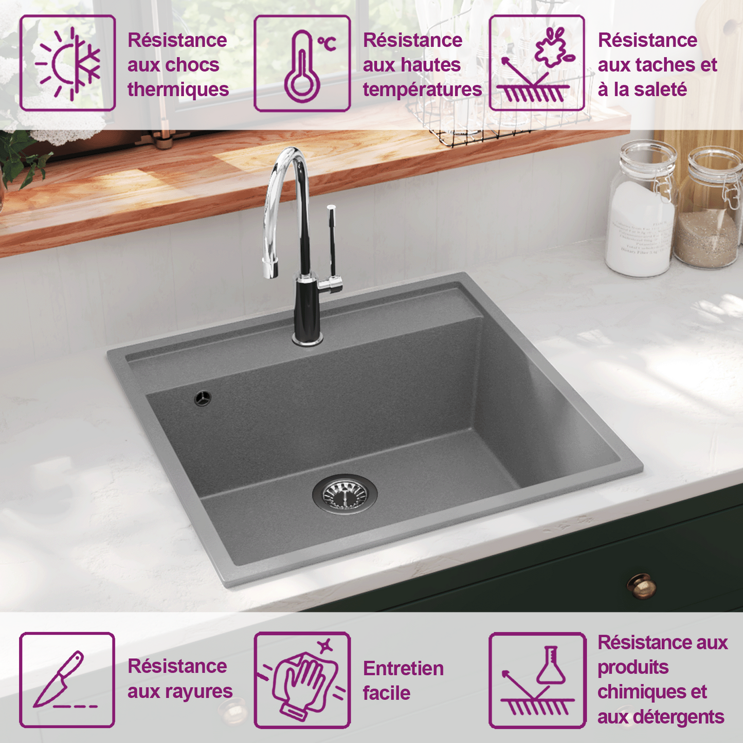 Kitchen Sink with Overflow Hole Grey Granite