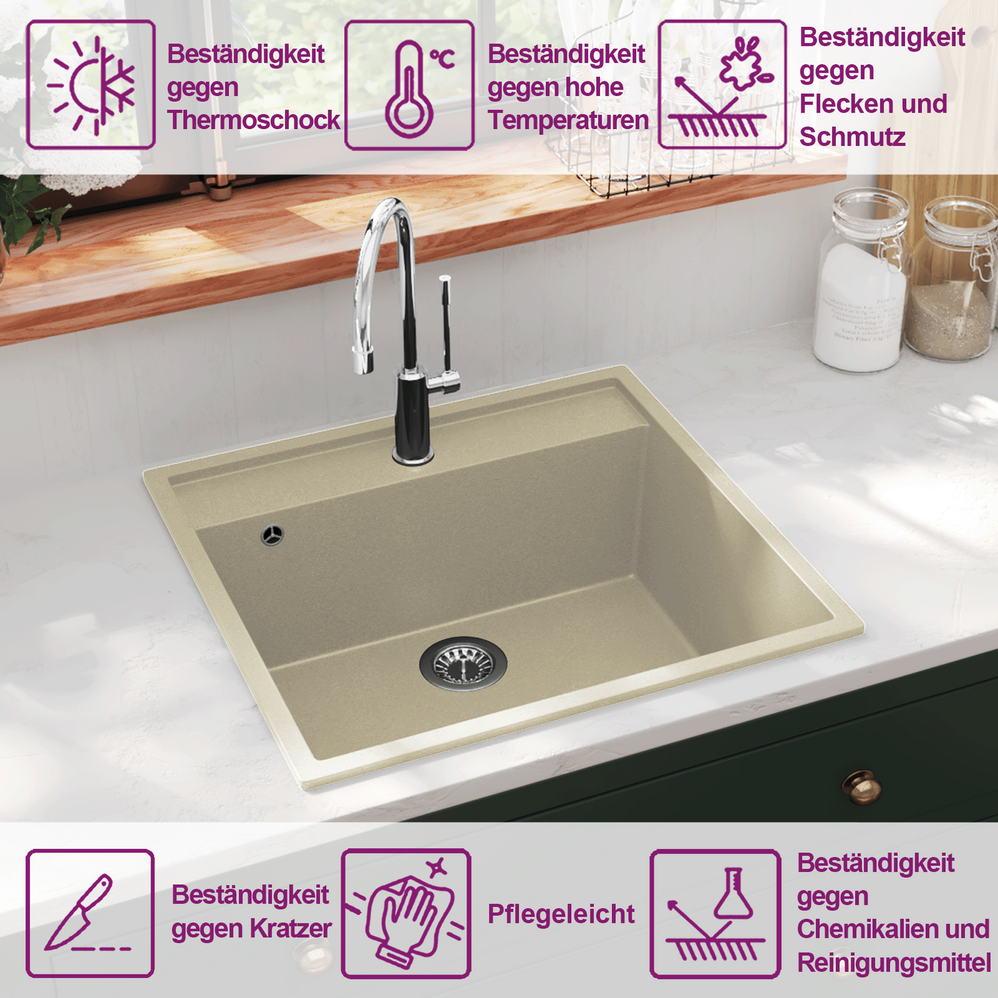 Kitchen Sink with Overflow Hole Beige Granite