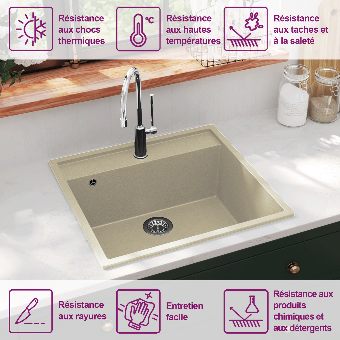 Kitchen Sink with Overflow Hole Beige Granite