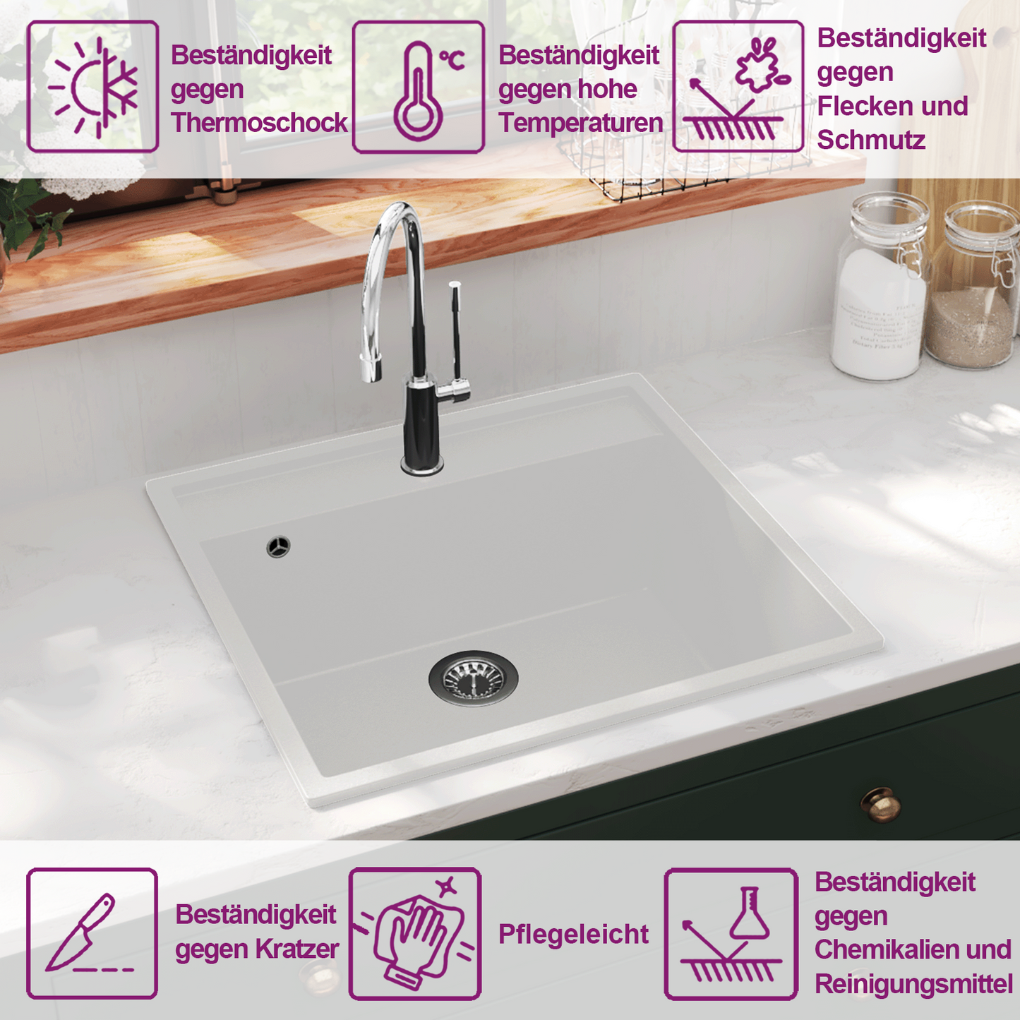 Kitchen Sink with Overflow Hole White Granite