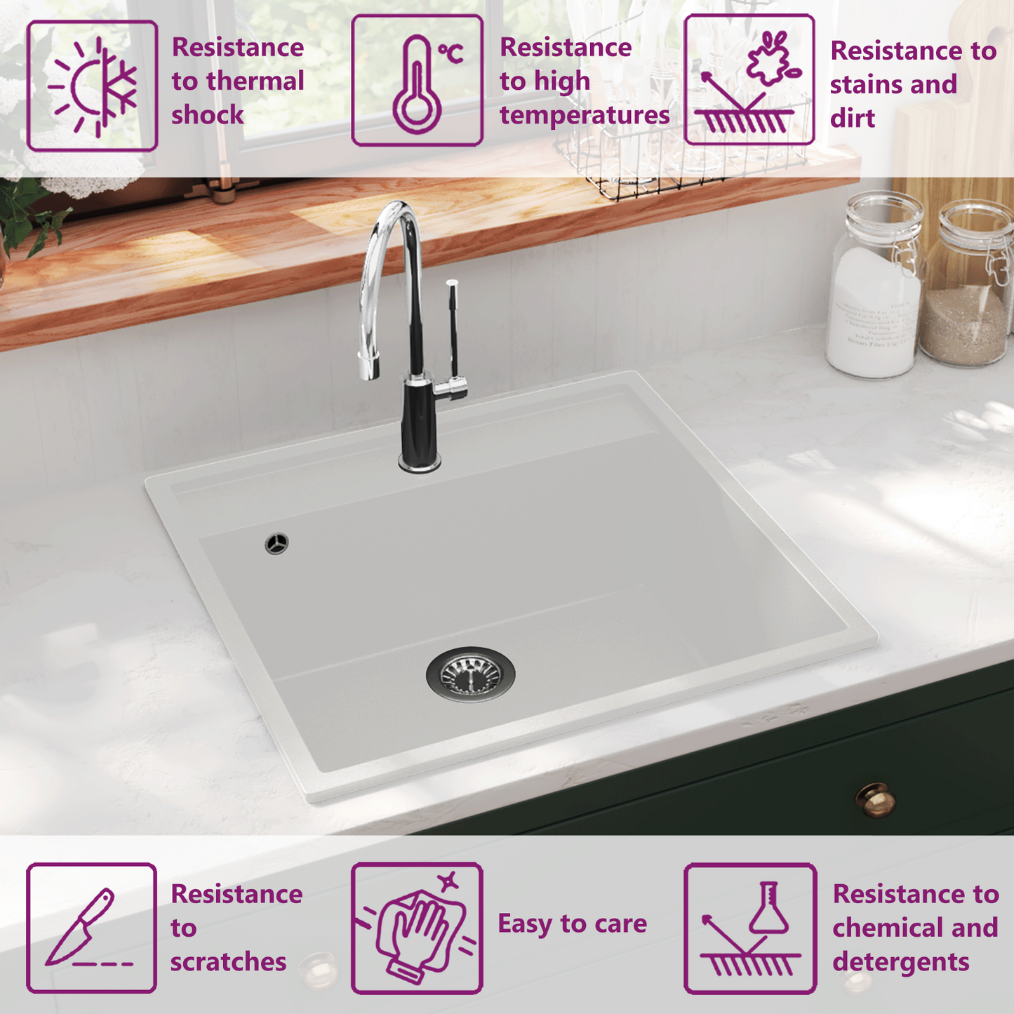 Kitchen Sink with Overflow Hole White Granite