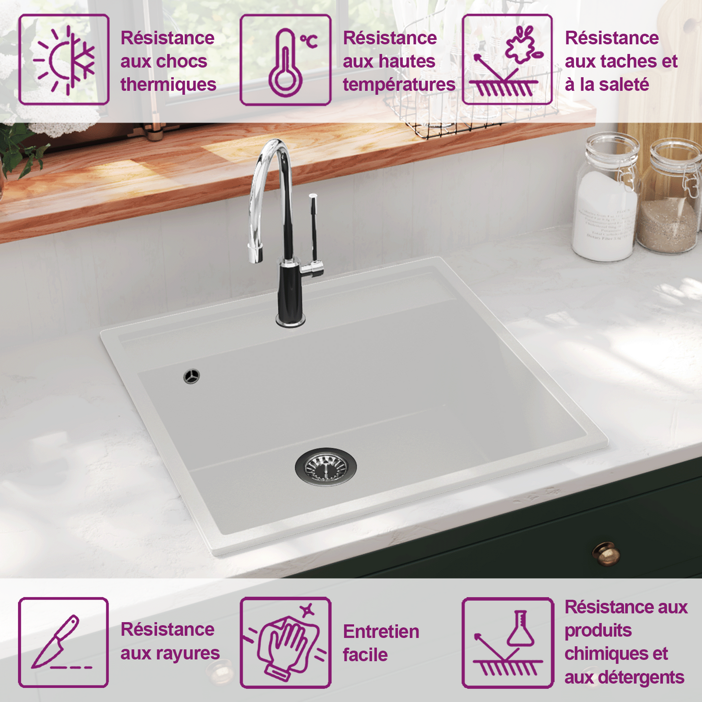 Kitchen Sink with Overflow Hole White Granite