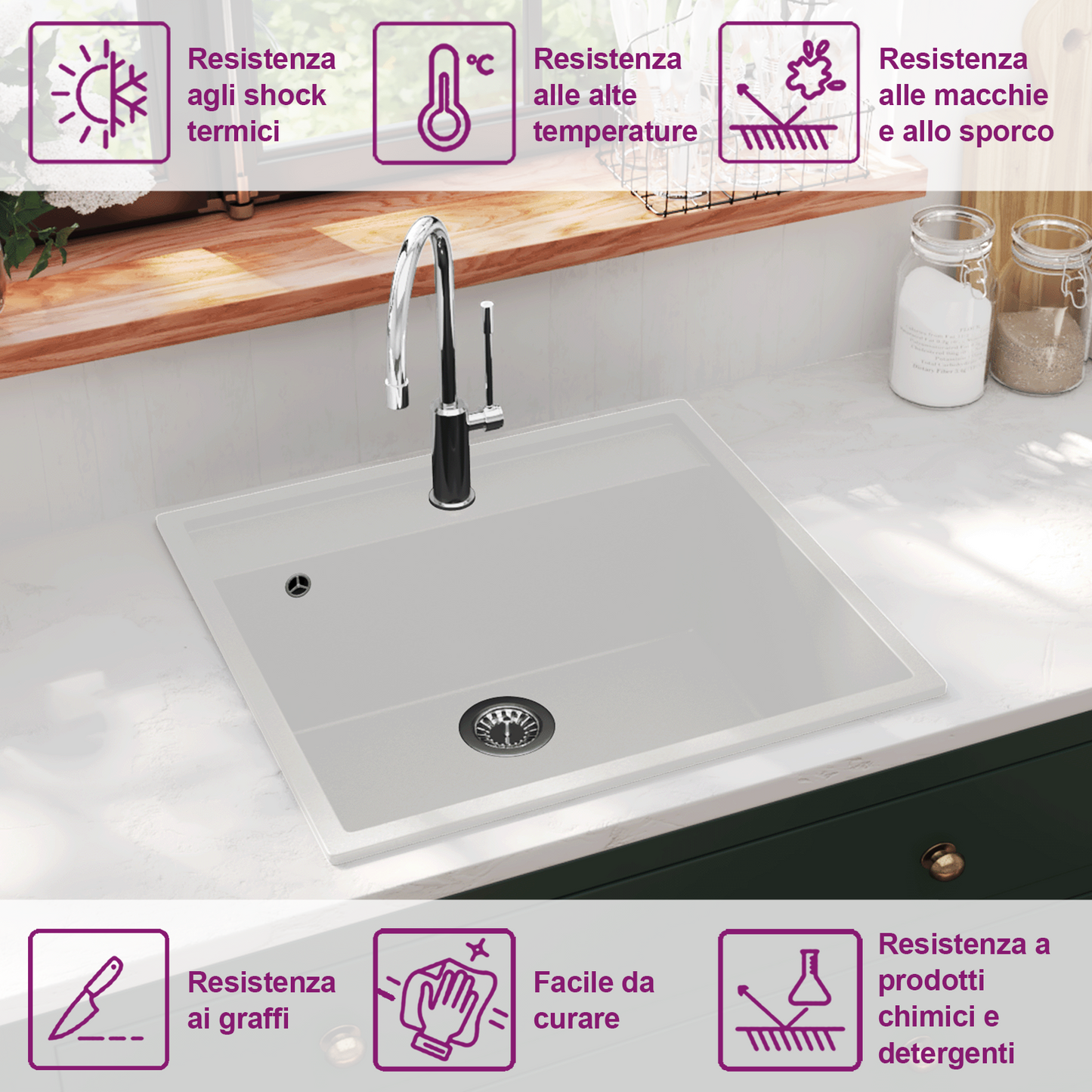 Kitchen Sink with Overflow Hole White Granite