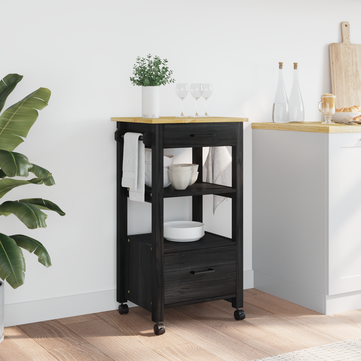 Kitchen Trolley MONZA Black 48 x 40 x 88.5 cm Solid Pine Wood