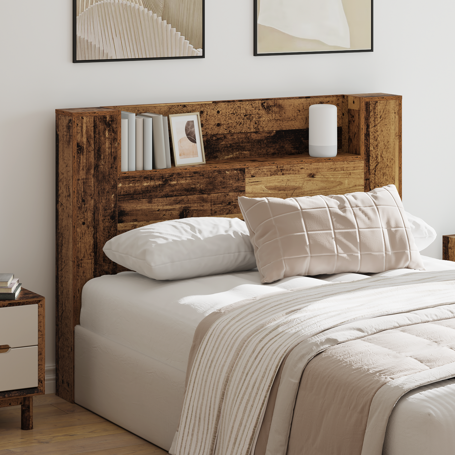 Headboard Cabinet with LED Old Wood 140 x 16.5 x 103.5 cm