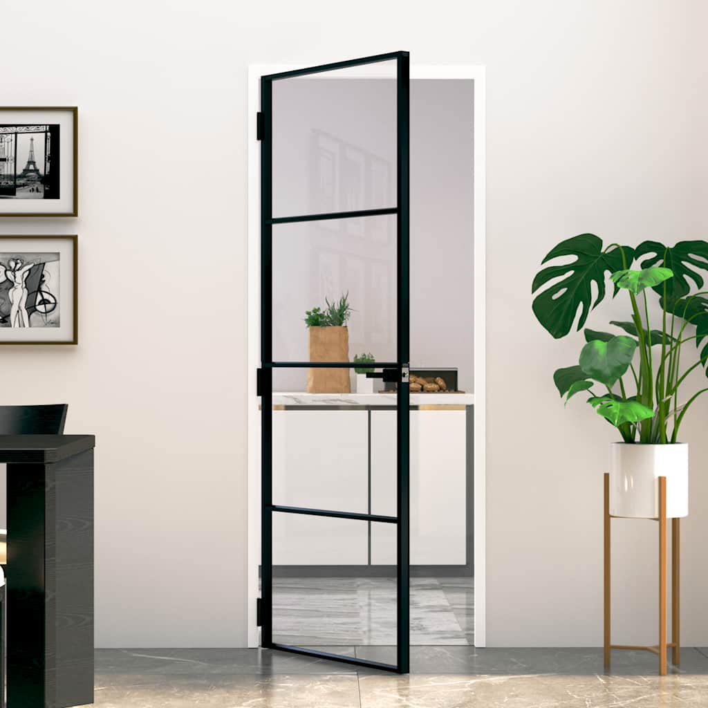 Interior Door Black 76x201,5 cm Tempered Glass&Aluminium Slim