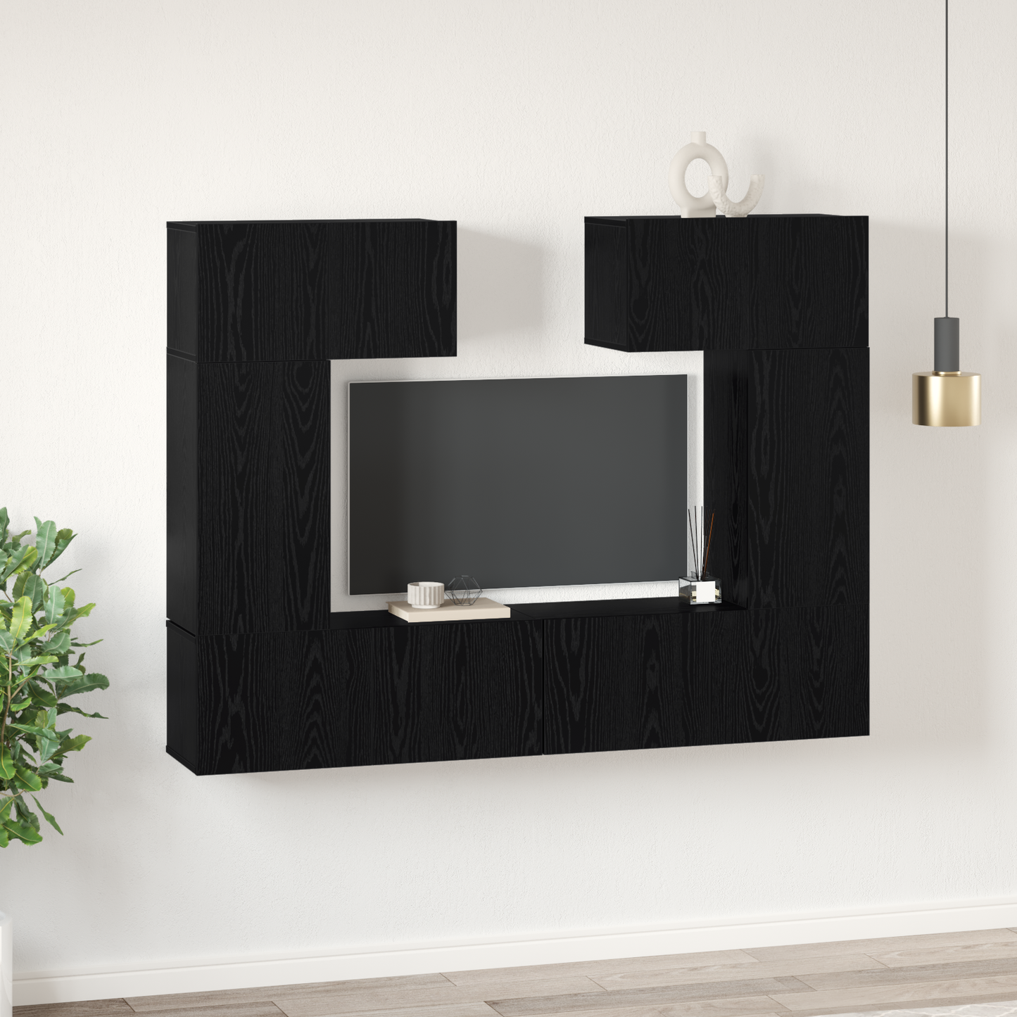 TV Cabinet Set Wall-mounted 6 pcs Black Oak Engineered Wood