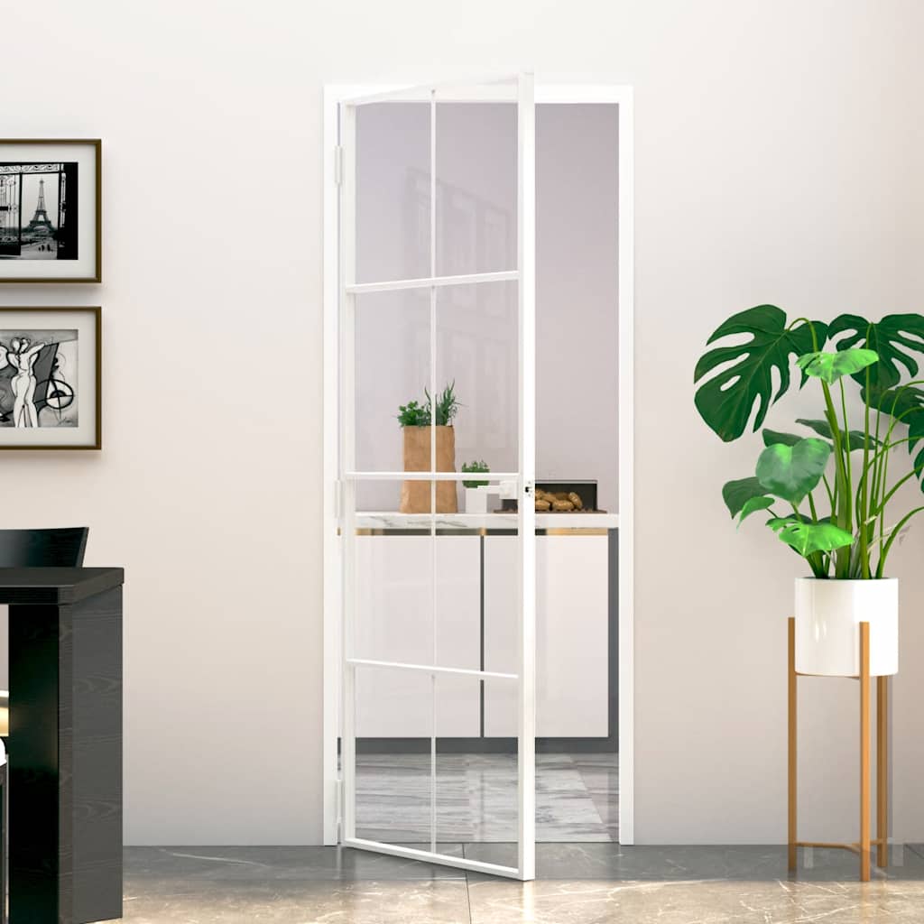 Interior Door White 76x201,5 cm Tempered Glass&Aluminium Slim
