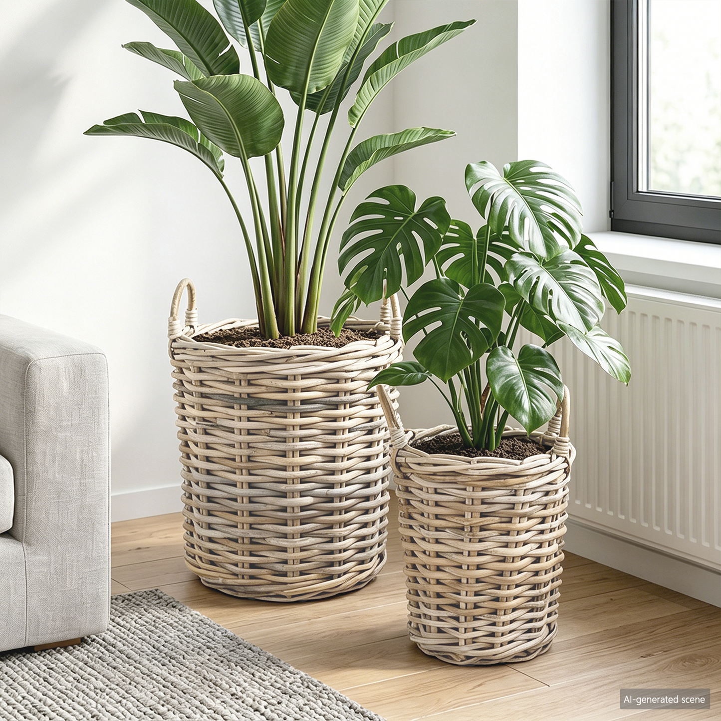 Planter Basket with Storage 2 pcs Natural Grey Kubu Rattan
