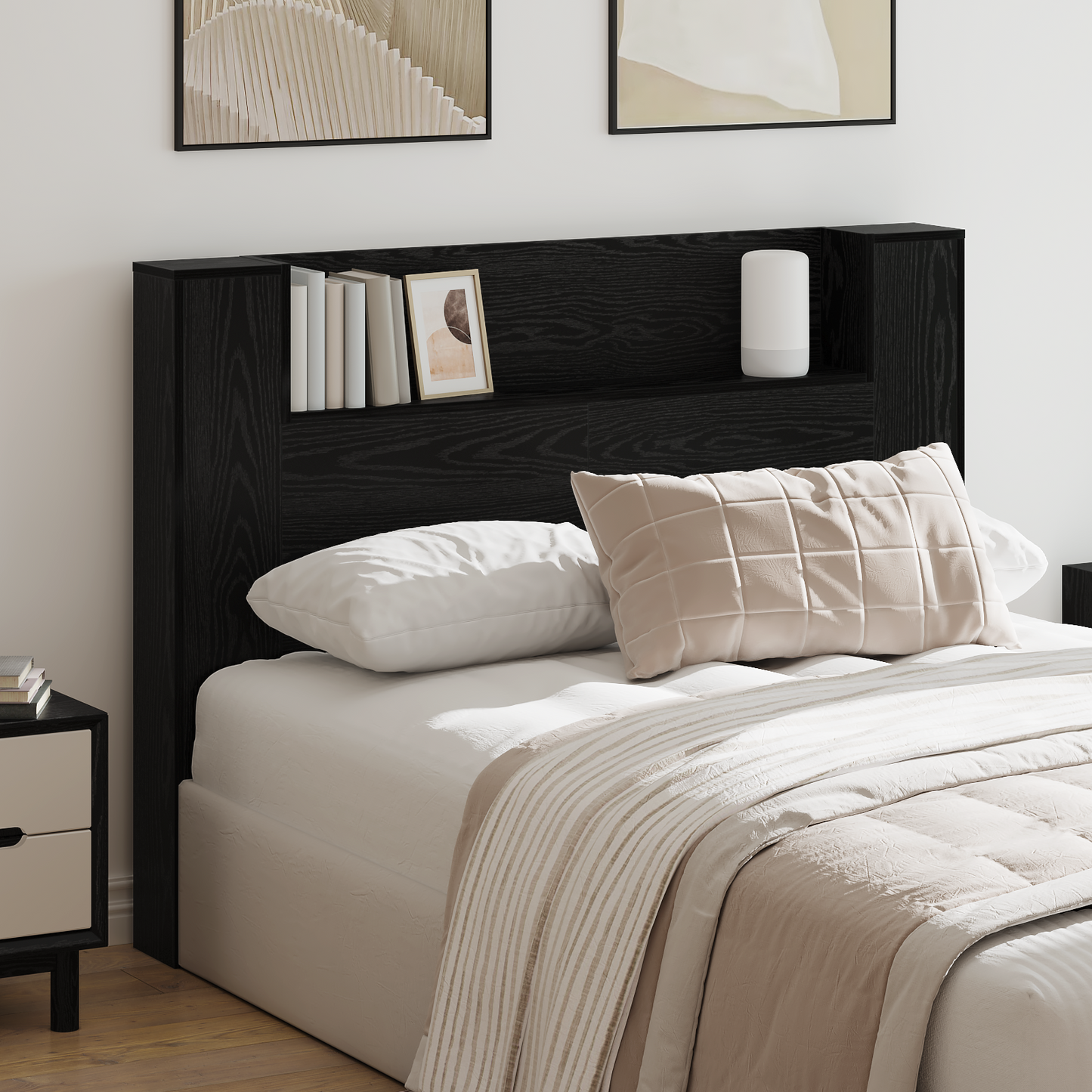 Headboard Cabinet with LED Black Oak 140 x 16.5 x 103.5 cm