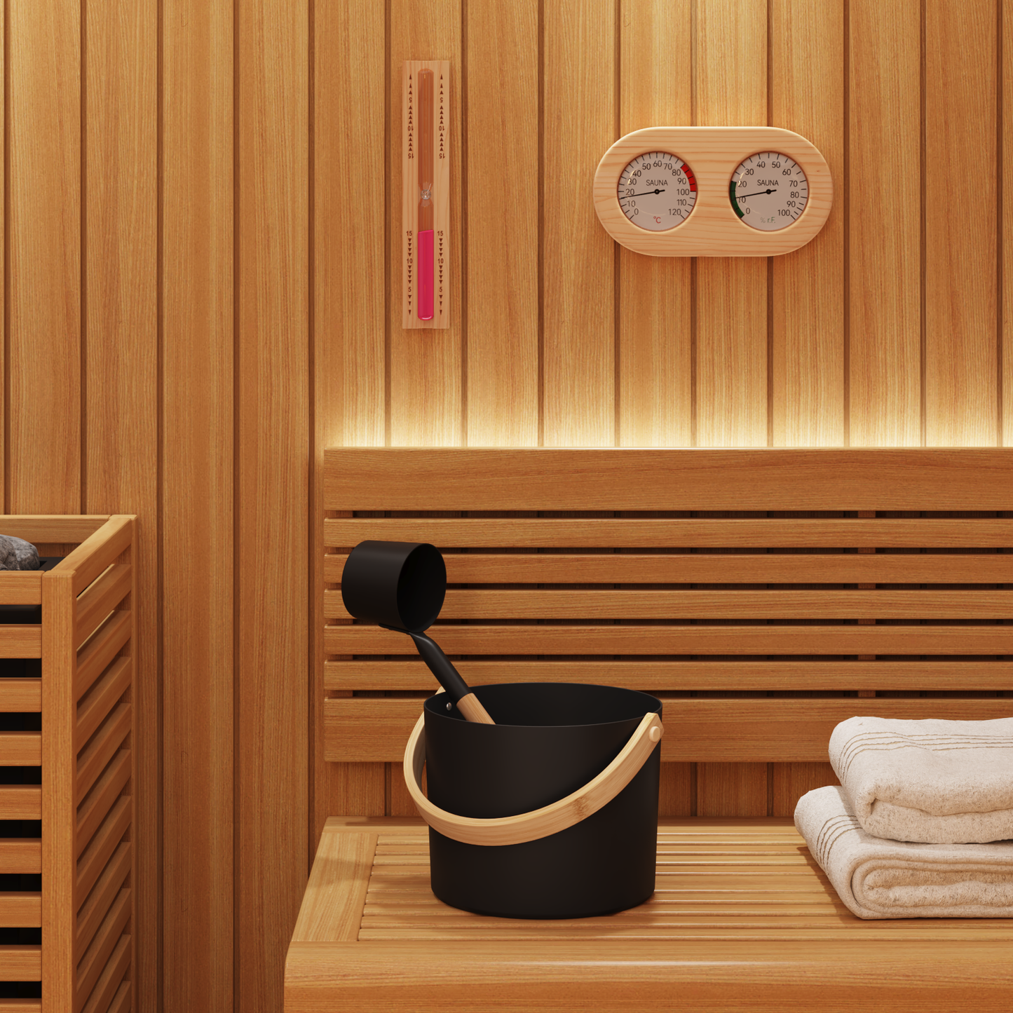 Sauna Accessory Set 4 pcs Black Aluminium and Solid Pine Wood