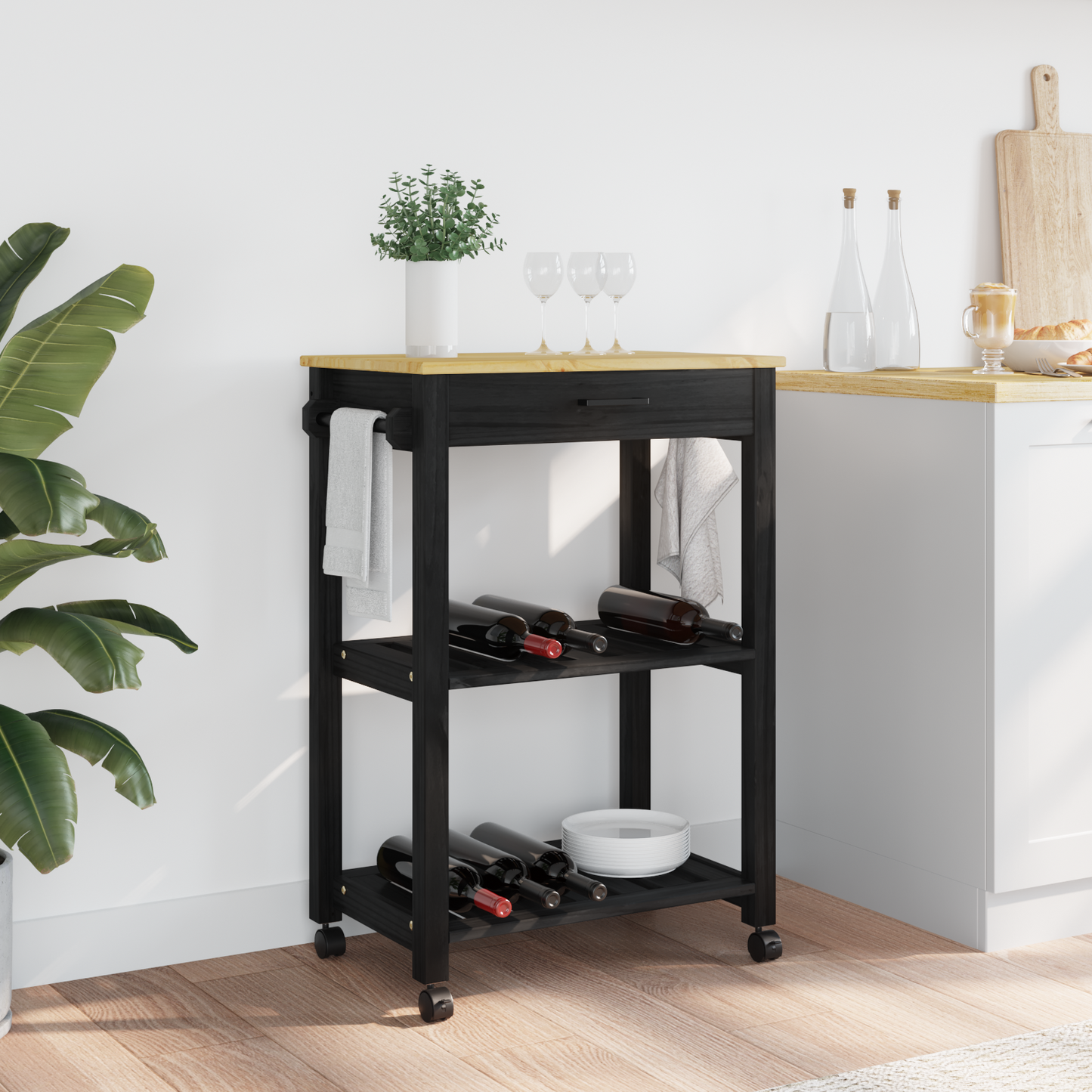 Kitchen Trolley MONZA Black 60 x 40 x 88.5 cm Solid Pine Wood
