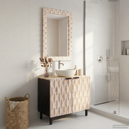 Bathroom Sets with Storage White Wash Finish Solid Mango Wood
