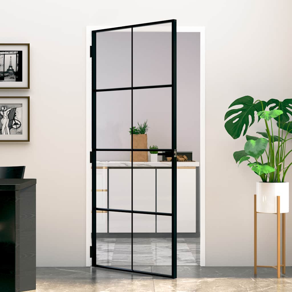Interior Door Black 93x201,5 cm Tempered Glass&Aluminium Slim