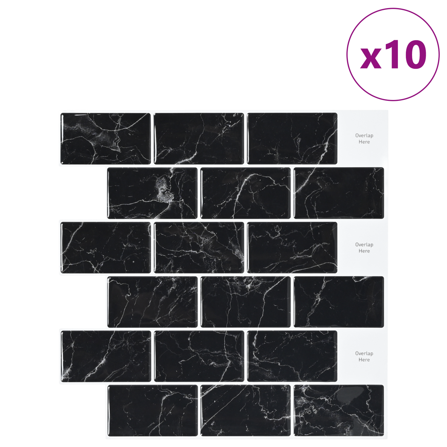 Subway Tile 10 pcs Black Marble 30 x 30 cm Polyurethane and PET