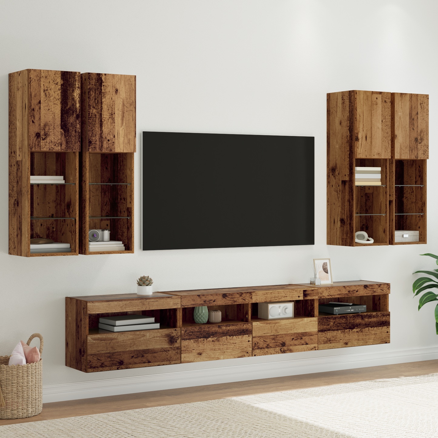 TV Wall Cabinet Set with LED Lights with LED 7 pcs Old Wood