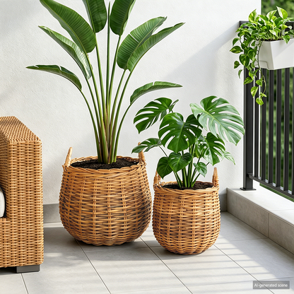 Planter Basket with Storage 2 pcs Natural Brown Kubu Rattan