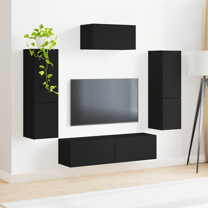 TV Cabinet Set Wall-mounted 4 pcs Black Engineered Wood