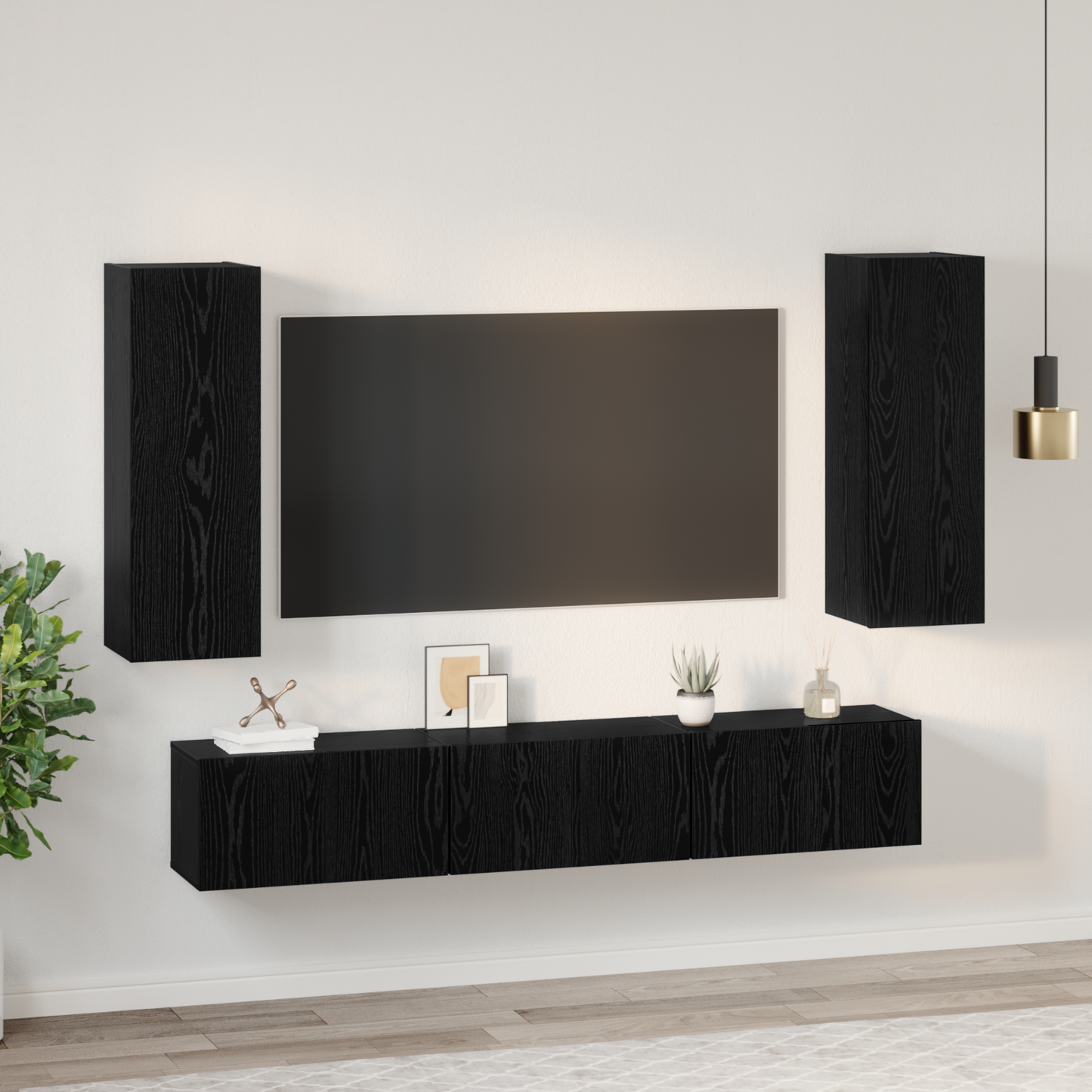 TV Cabinet Set Wall-mounted 5 pcs Black Oak Engineered Wood