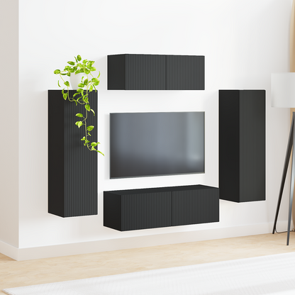 TV Cabinet Set Wall-mounted 3 pcs Black Engineered Wood