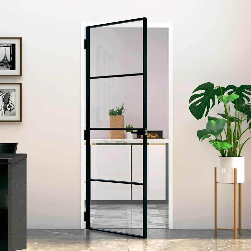 Interior Door Black 83x201,5 cm Tempered Glass&Aluminium Slim