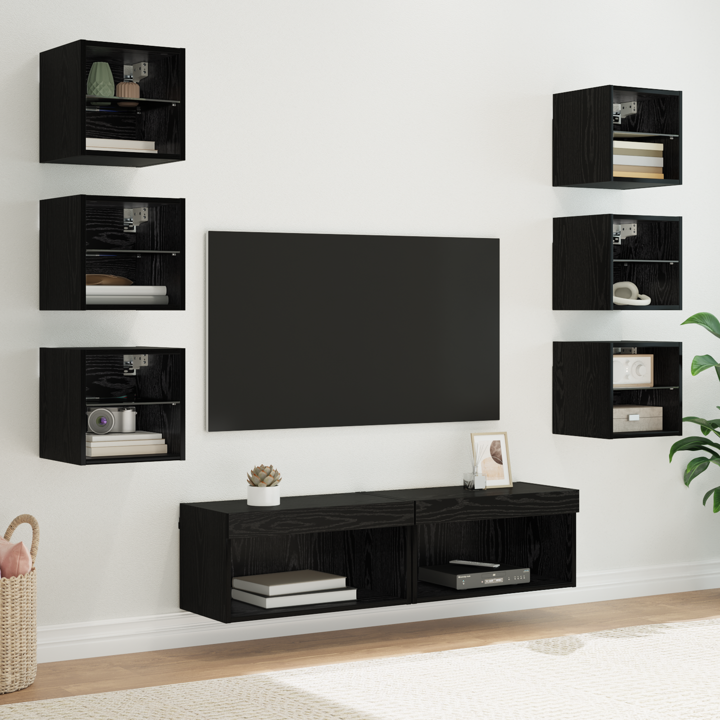 TV Cabinet with LED Strip Lights 8 pcs Black Oak Glass