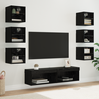 TV Cabinet with LED Strip Lights 8 pcs Black Oak Glass
