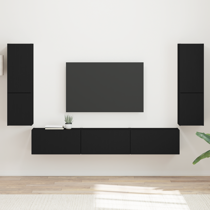 TV Cabinet Set Wall-mounted 4 pcs Black Engineered Wood