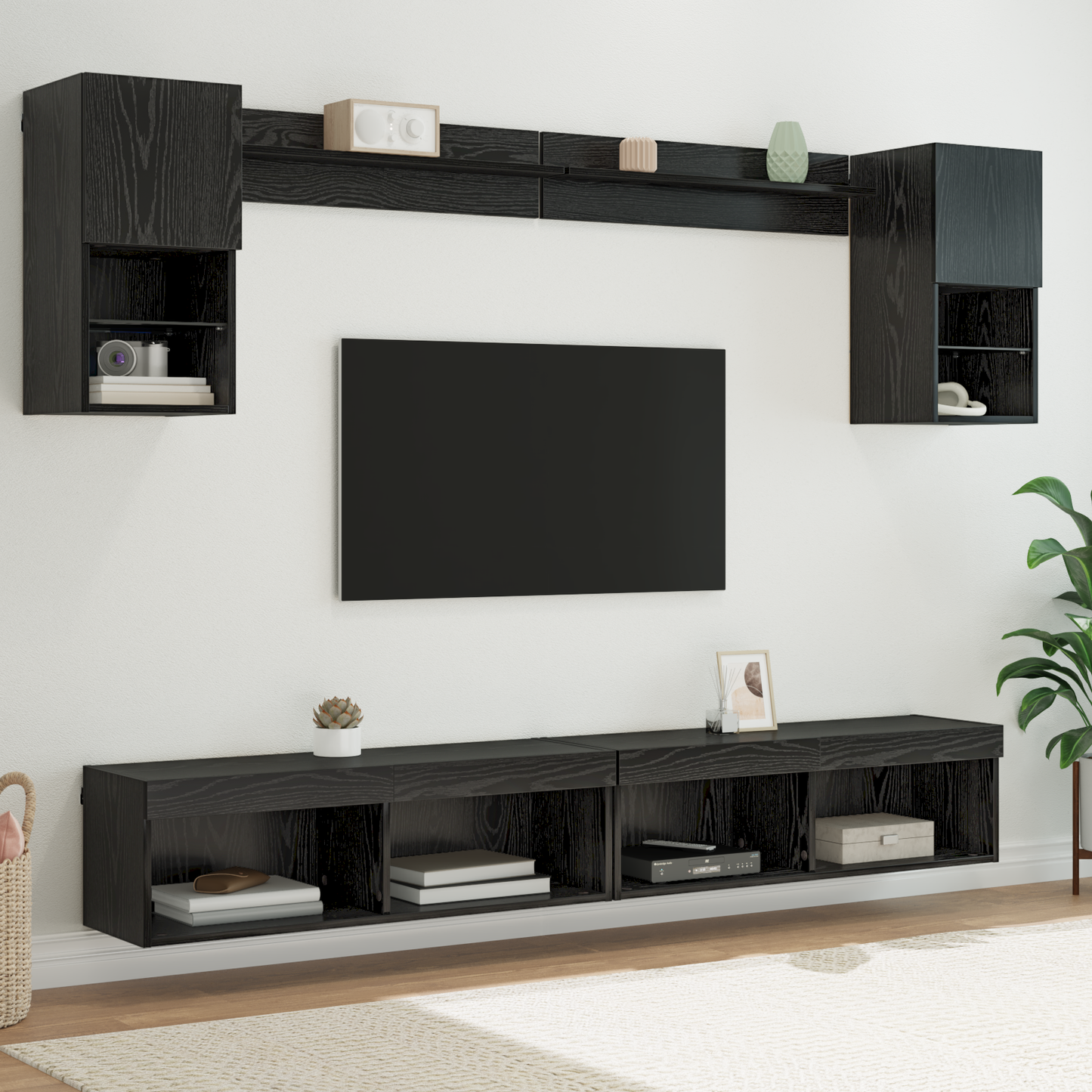 TV Wall Units with LED with LED 6 pcs Black Oak Engineered Wood