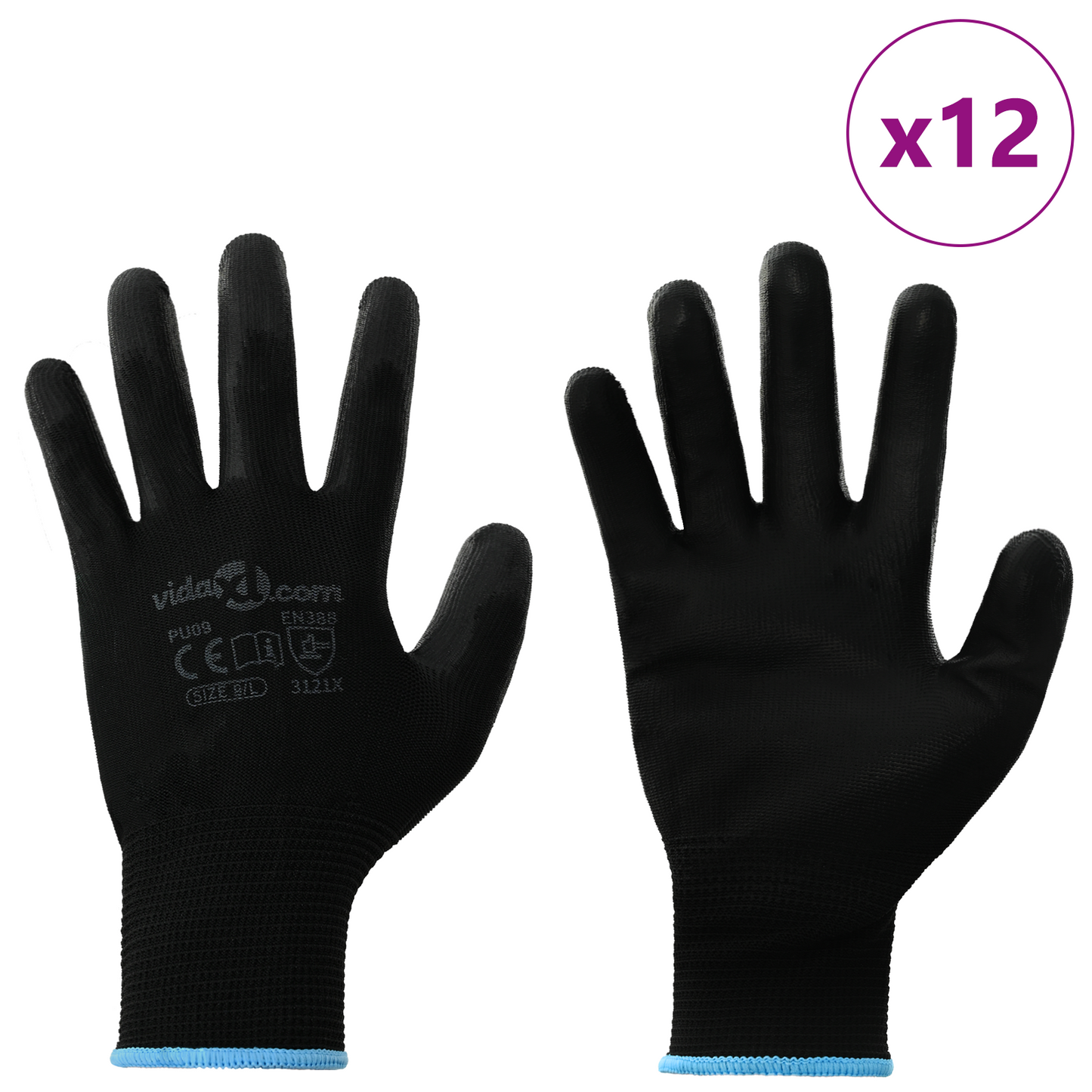 Work Gloves 12 pcs Black 9 / L Polyester