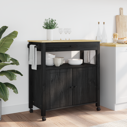 Kitchen Trolley MONZA Black 84 x 40 x 88.5 cm Solid Pine Wood