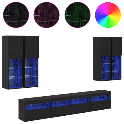 TV Wall Cabinet Set with LED Lights with LED 7 pcs Black Oak