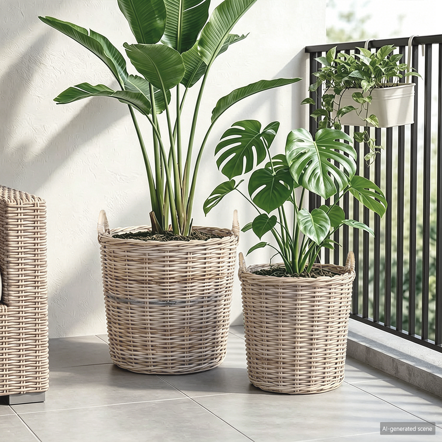 Planter Basket with Storage 2 pcs Natural Grey Kubu Rattan