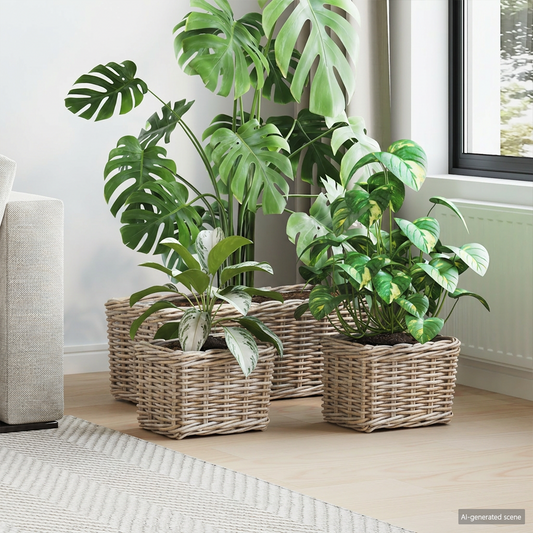 Planter Basket with Storage 3 pcs Natural Grey Kubu Rattan