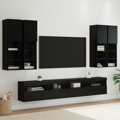 TV Wall Cabinet Set with LED Lights with LED 7 pcs Black Oak