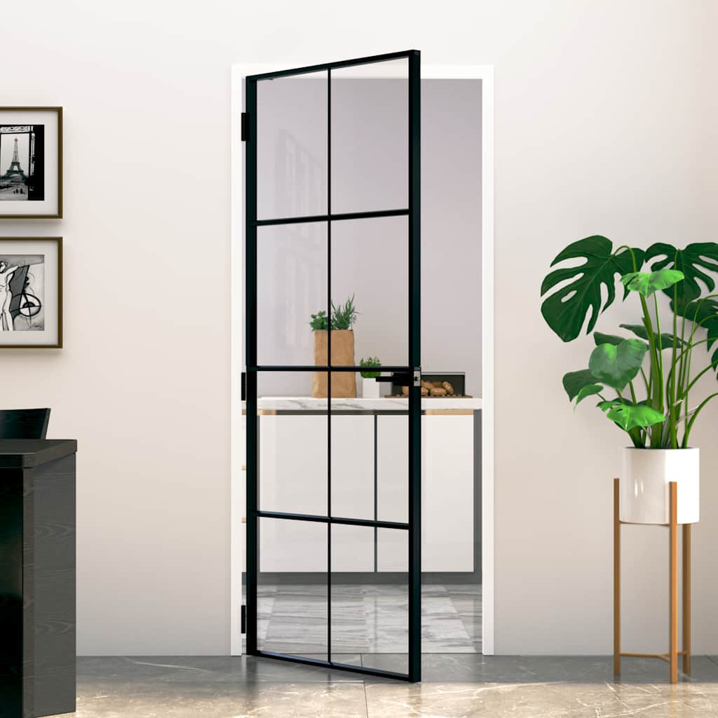 Interior Door Black 83x201,5 cm Tempered Glass&Aluminium Slim