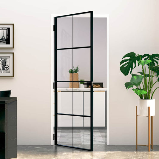 Interior Door Black 83x201,5 cm Tempered Glass&Aluminium Slim
