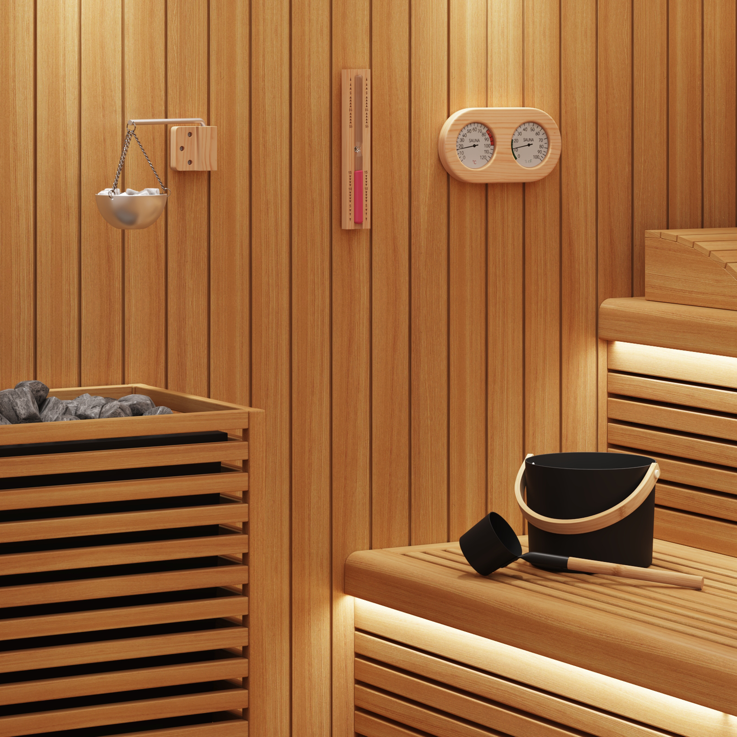 Sauna Accessory Set 5 pcs Black Aluminium and Solid Pine Wood