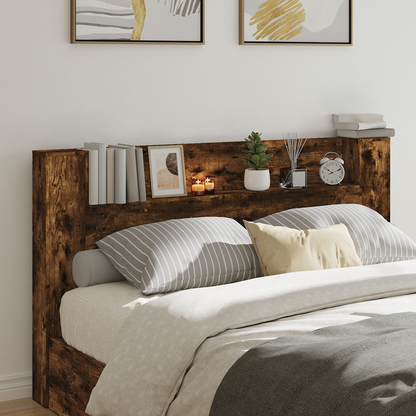 Storage Headboard with LED Smoked Oak Engineered Wood