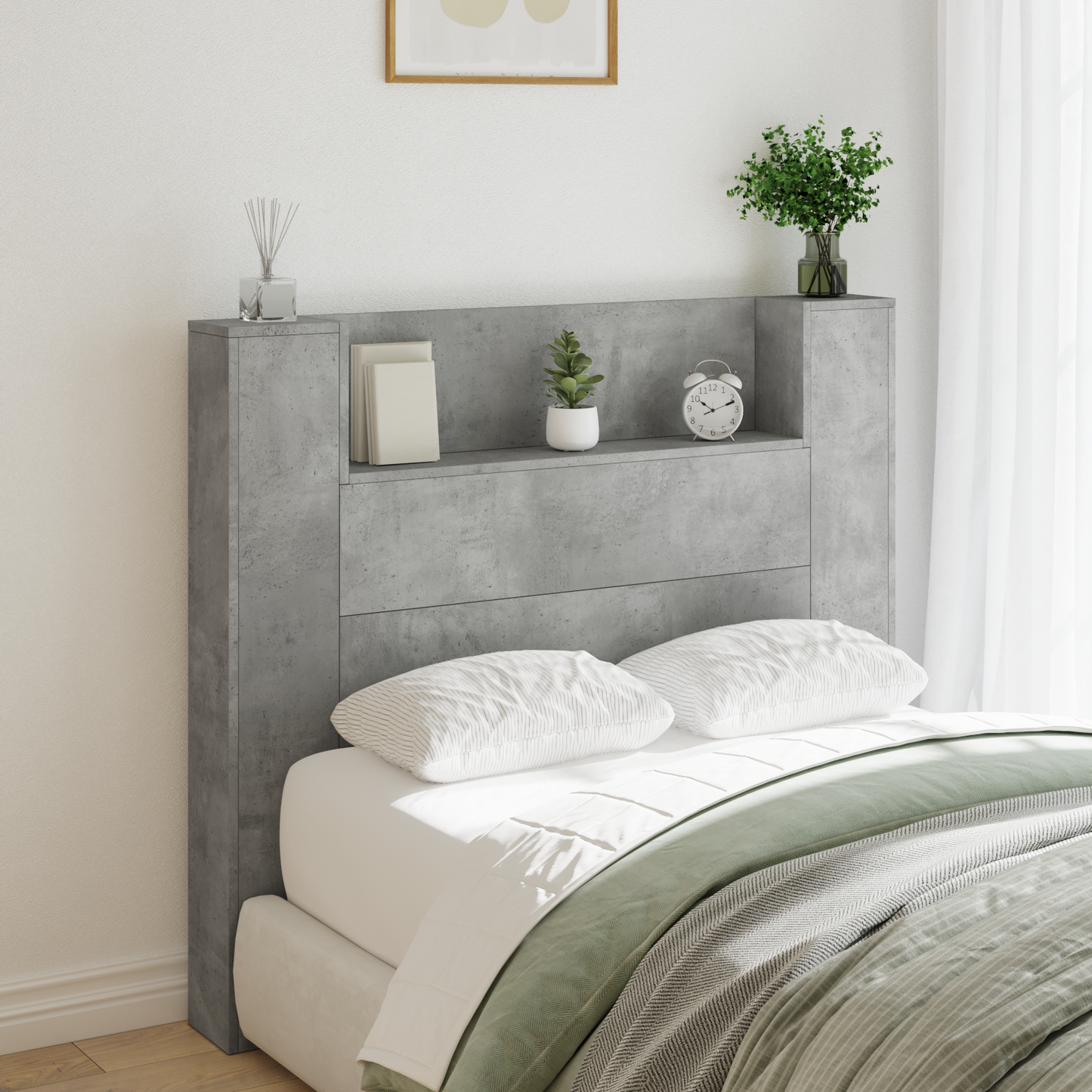 Storage Headboard with LED Concrete Grey Engineered Wood