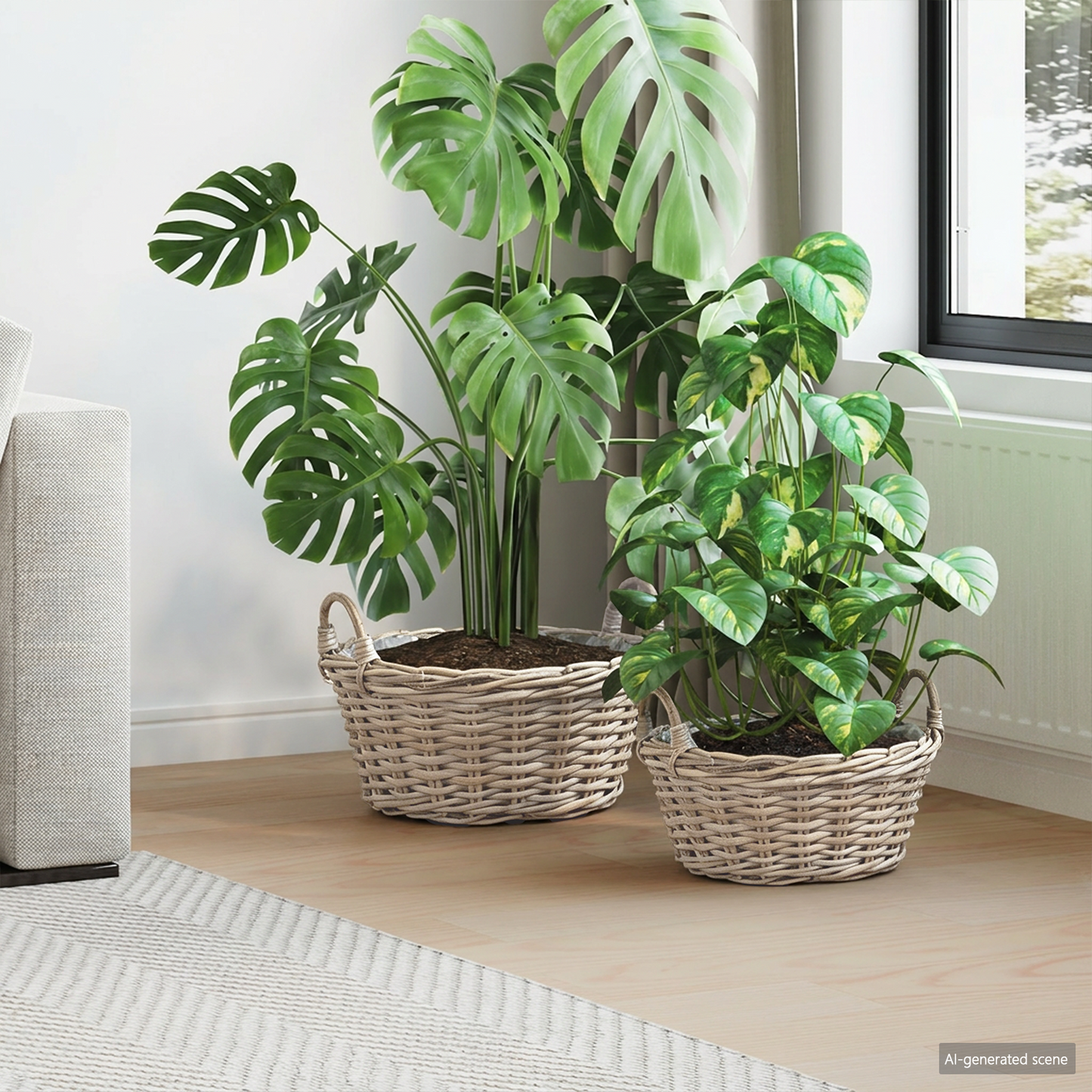 Planter Basket with Storage 2 pcs Natural Grey Kubu Rattan