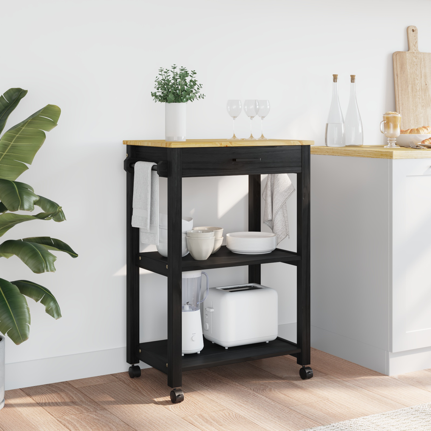 Kitchen Trolley MONZA Black 60 x 40 x 88.5 cm Solid Pine Wood