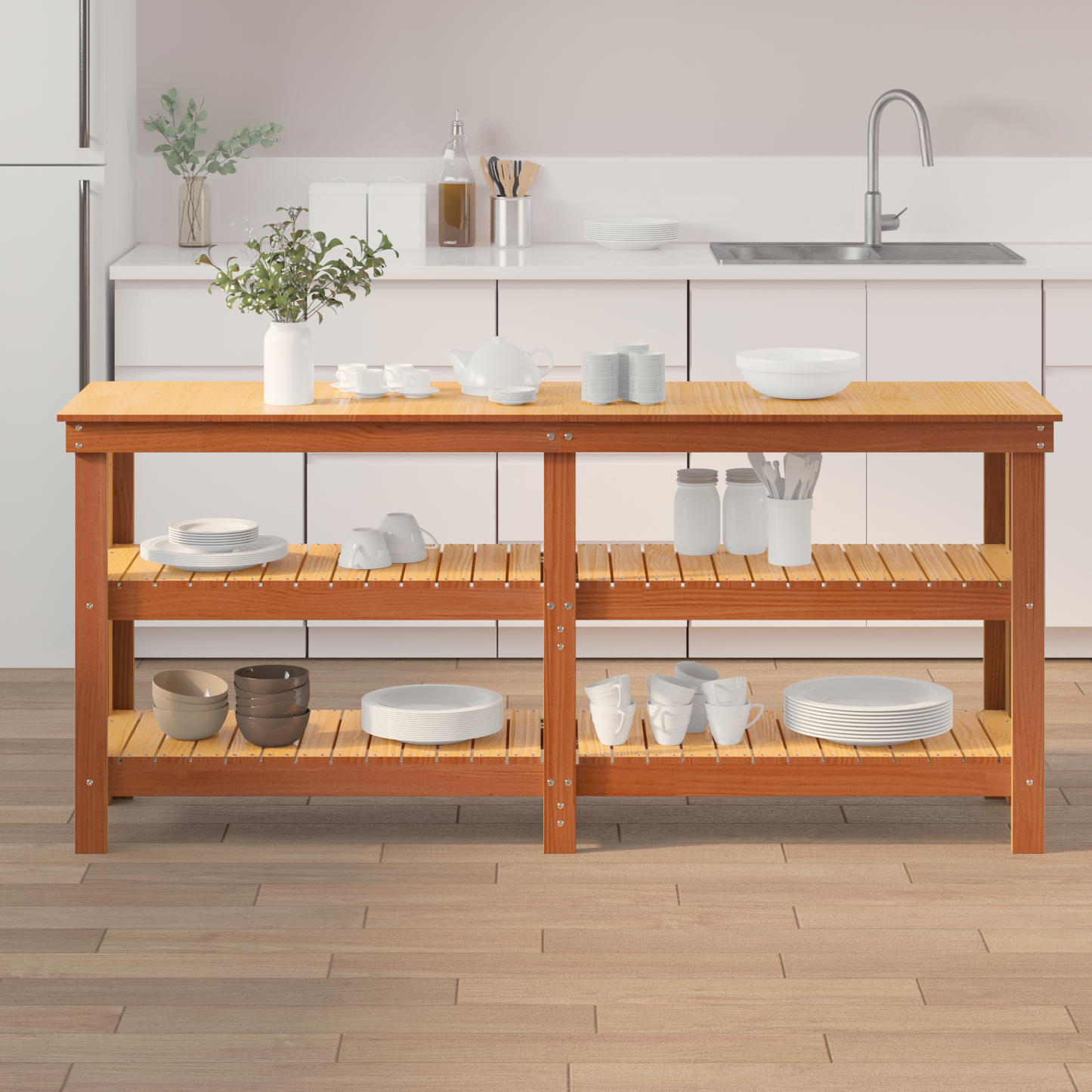 Work Bench with Shelf with Storage Wax Brown Solid Pine Wood