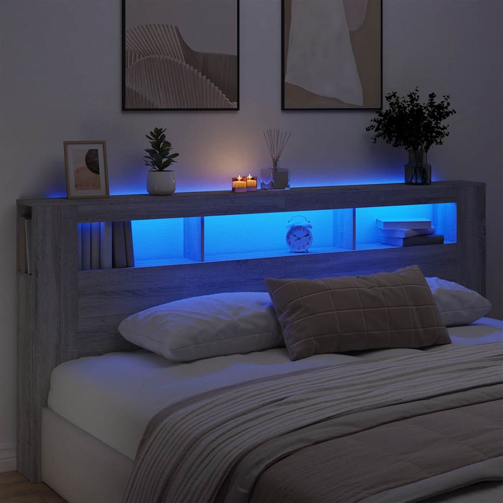 LED Headboard Grey Sonoma 220x18.5x103.5 cm Engineered Wood