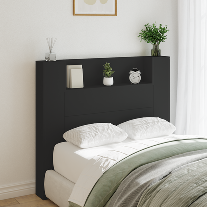 Storage Headboard with LED Black Engineered Wood